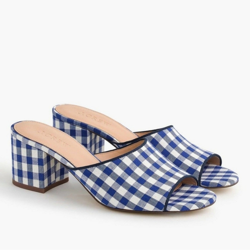 J. Crew Blue and White Gingham Block Heel Mules